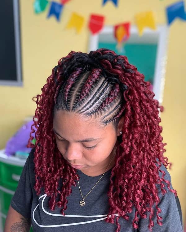 Red Knotless Fulani Braids with Curls
