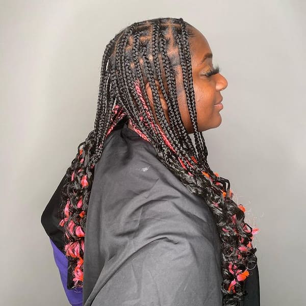 Black Large Knotless Braids with Red Curly Highlights