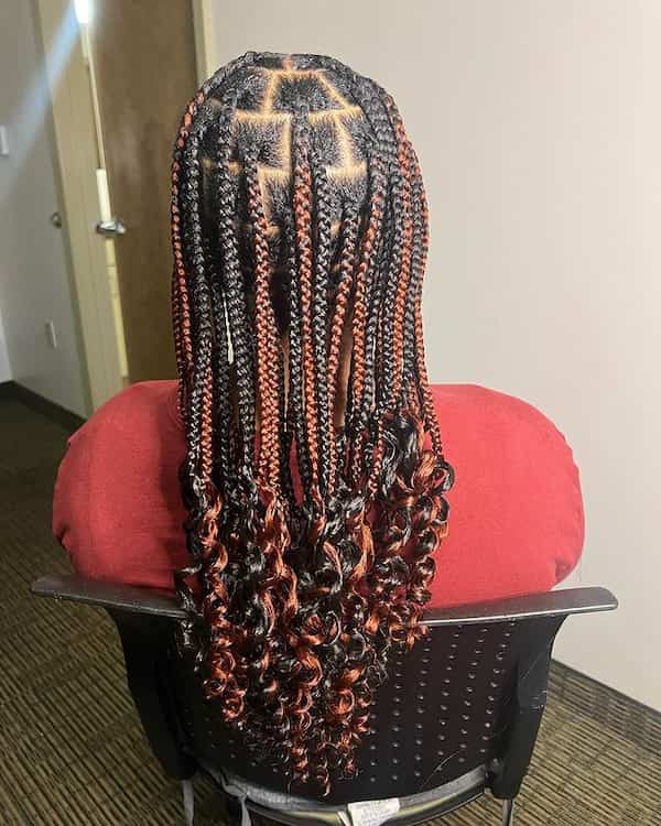 Black and Red Medium Knotless Braids with Curls