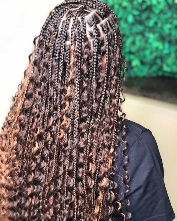 Double Shades of Brown Box Knotless Braids with Curls
