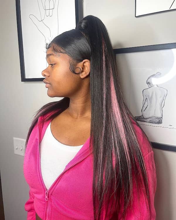 Frontal Swept Ponytail Quick Weave with Pink Highlights