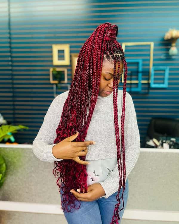 Red Ponytail with Medium Knotless Braids and Curls