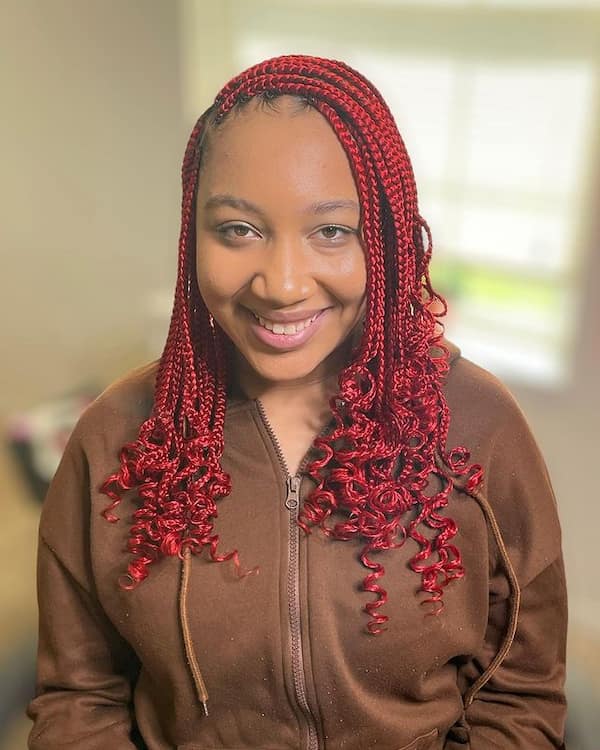 Short Red Knotless Braids with Curls