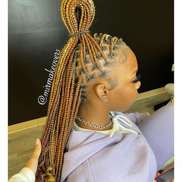 Tri-Colored High Bun Knotless Braids with Curly Ends
