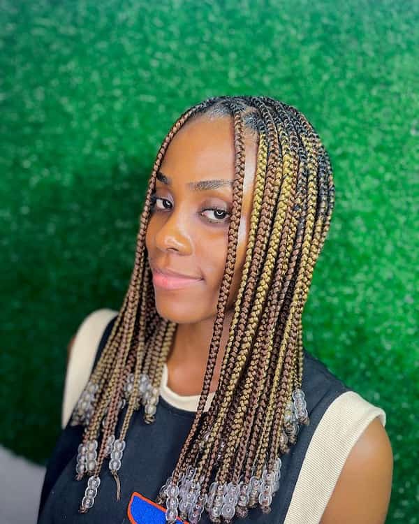 Brown Medium Sized Short Knotless Braids with Beaded Tips