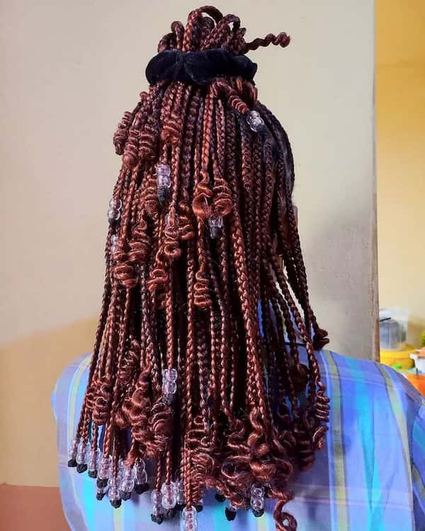 Brown Short Knotless Braids with Beads and Curls
