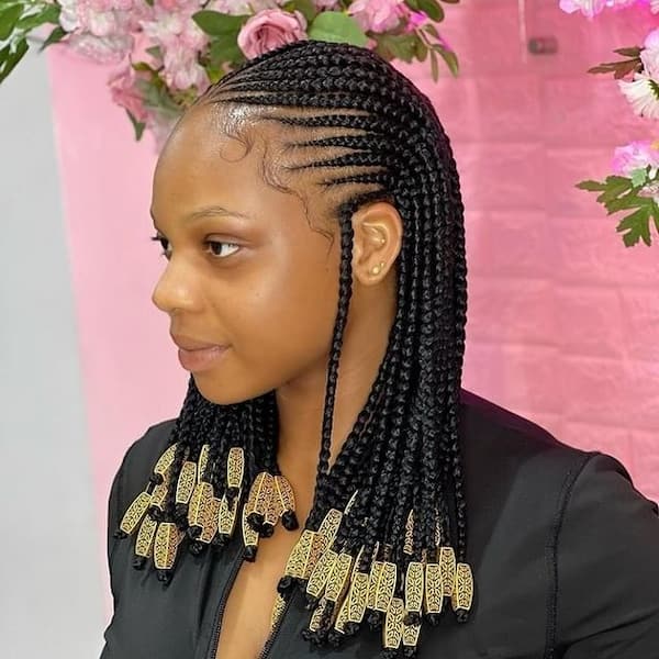 Shoulder-Length Tribal Cornrow with Beads