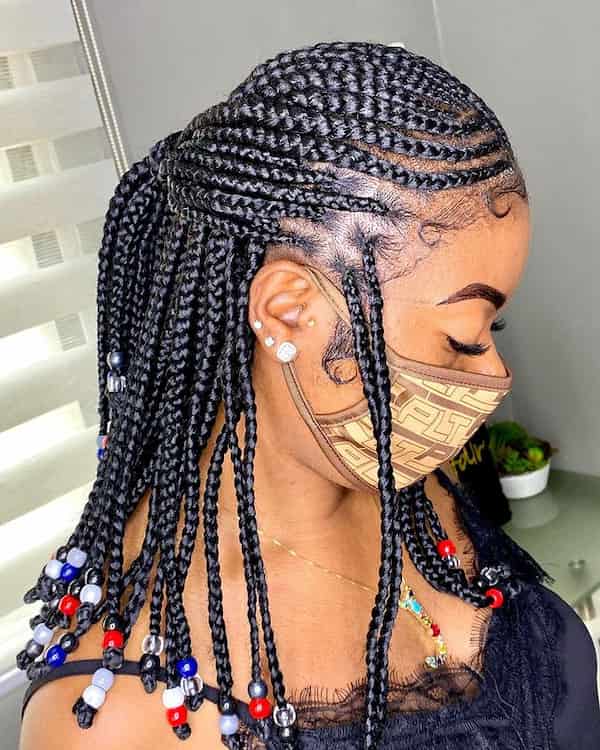 Sided Braided Knotless with Cornrows and Beads