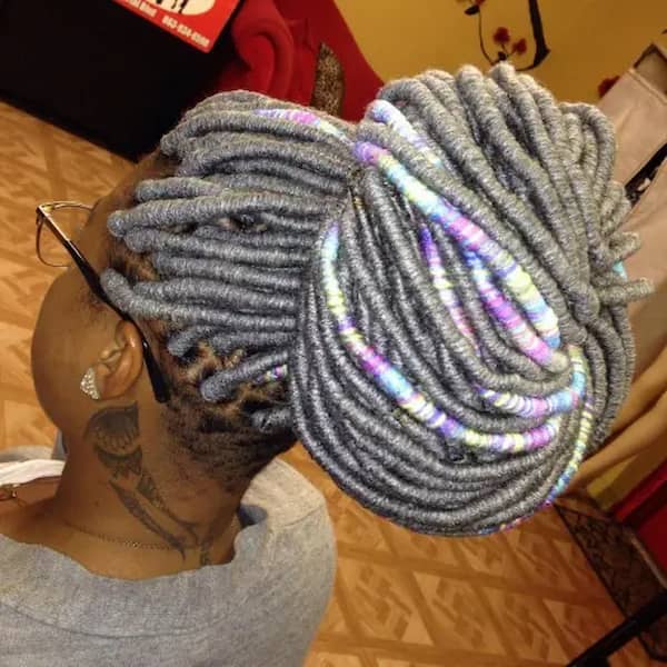 Tightly Coiled Gray Dreads in a Bun