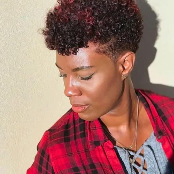 Brown Red Curly Tapered Cut