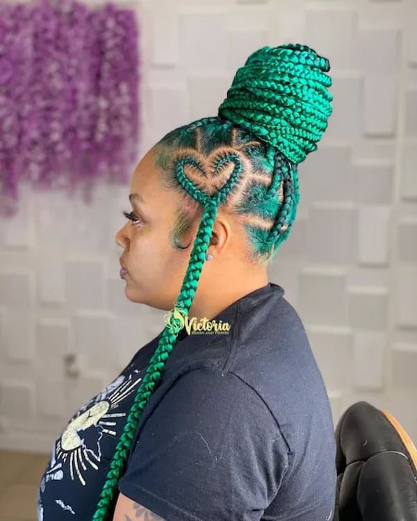 Large Green Braided Bun with Heart Design