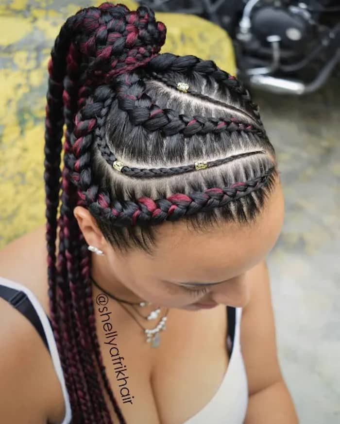 Black and Wine Goddess Braids in a Ponytail