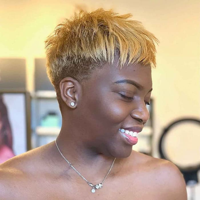 Textured Golden Blonde Pixie Style with Bangs
