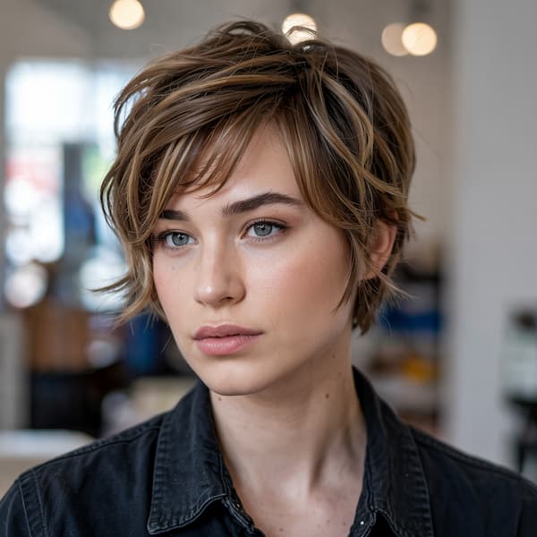 Brunette Layered Pixie with Bangs