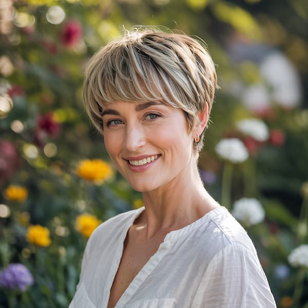 Neatly Layered Pixie with Bangs