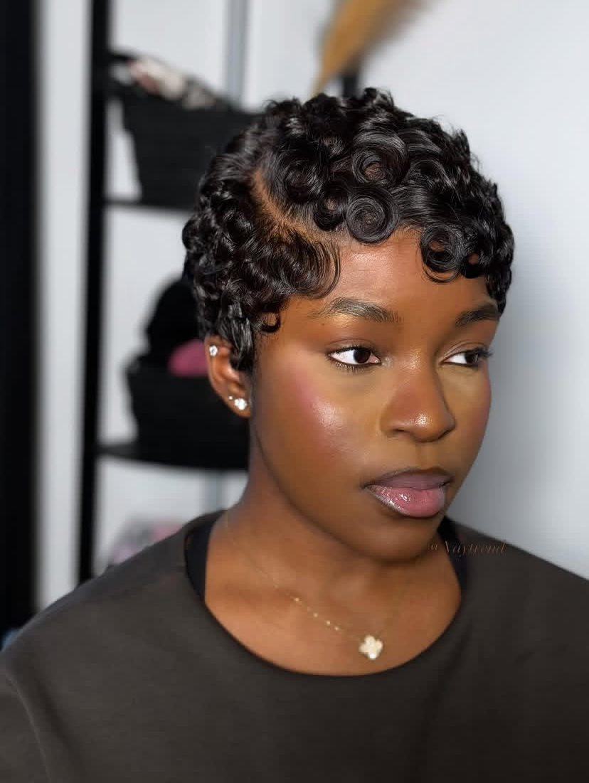 Femininity and curl Luxurious Curly Pixie with Pompadour